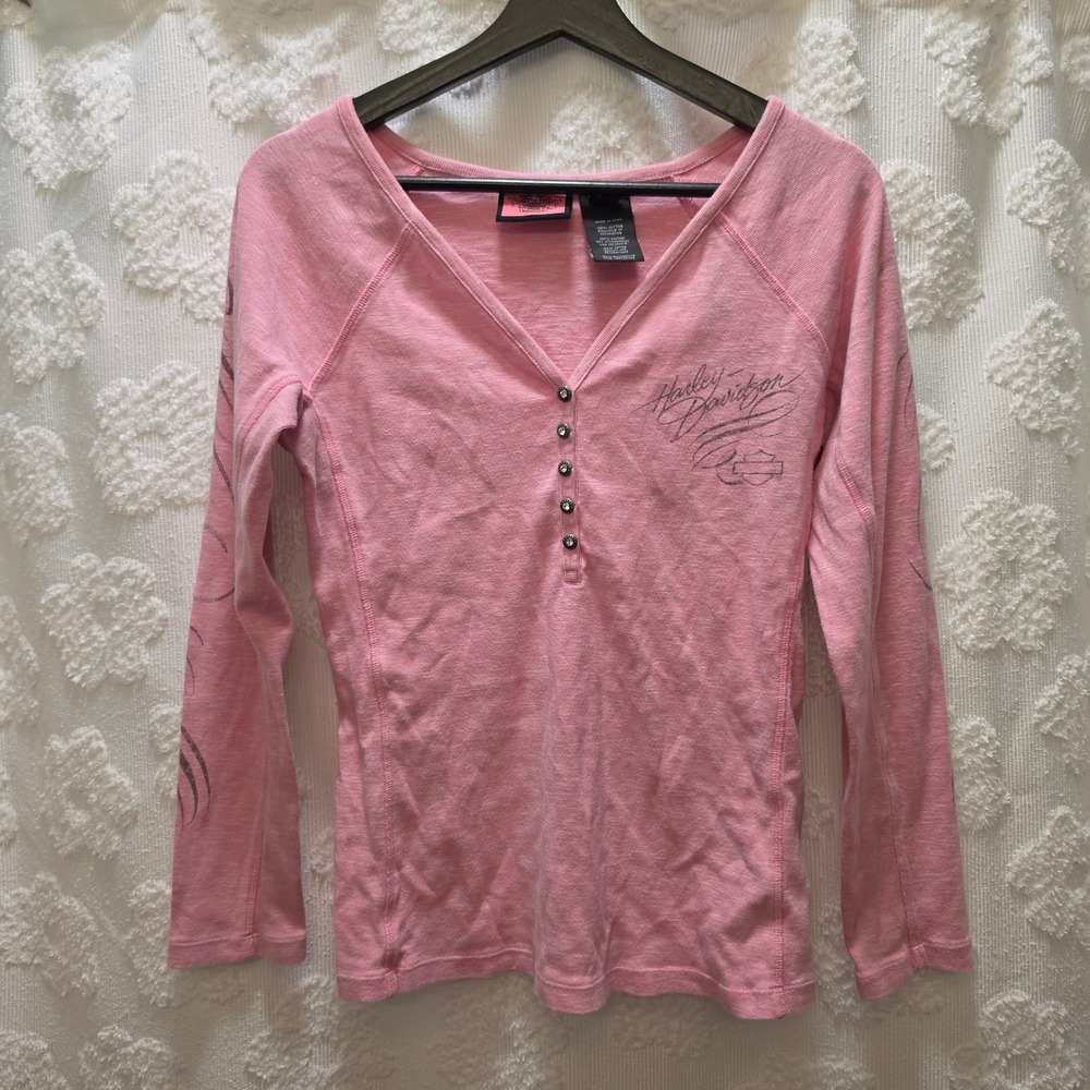 Harley-Davidson Womens Pink Long Sleeve Crystal Button Henley Graphic Top Large